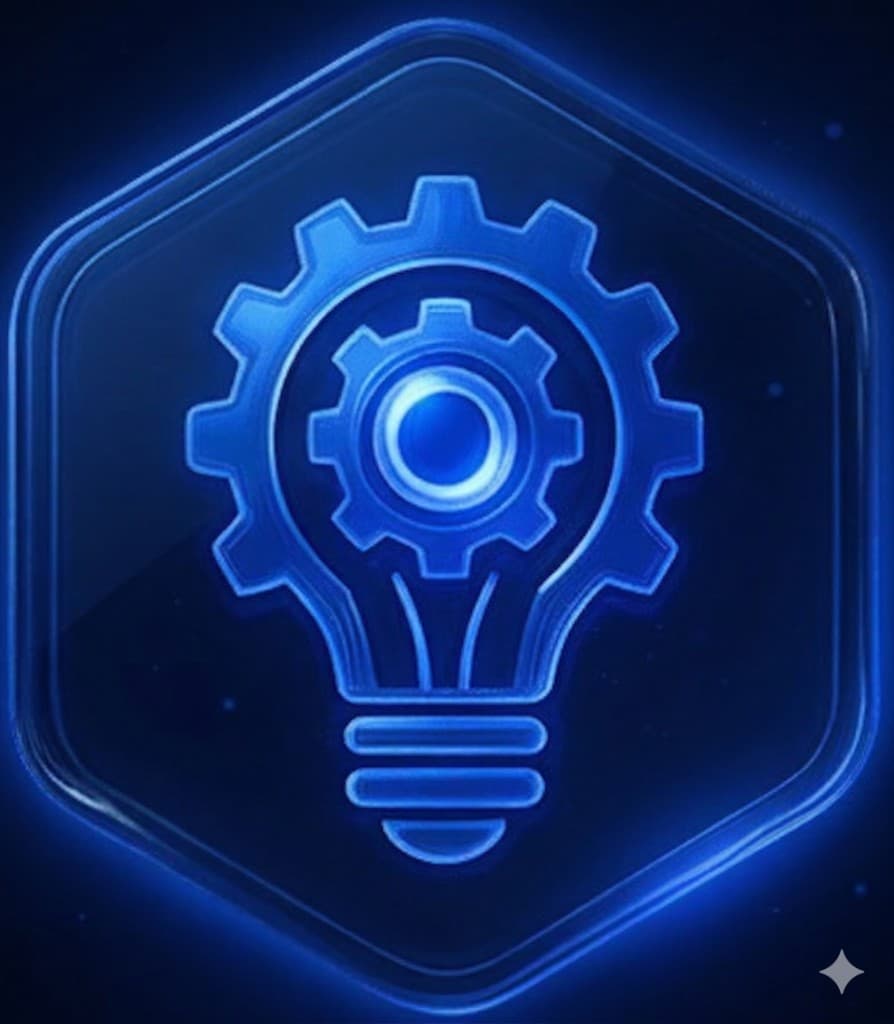 Lightbulb with nested gears in a glowing blue hexagonal frame