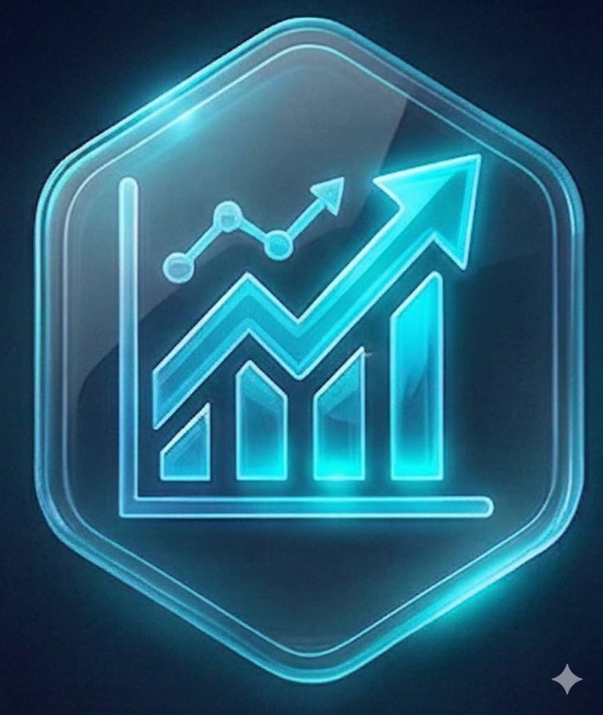 Growth chart with upward trend in a glowing cyan hexagonal frame