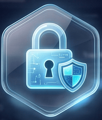 Glowing padlock and shield in a hexagonal security frame